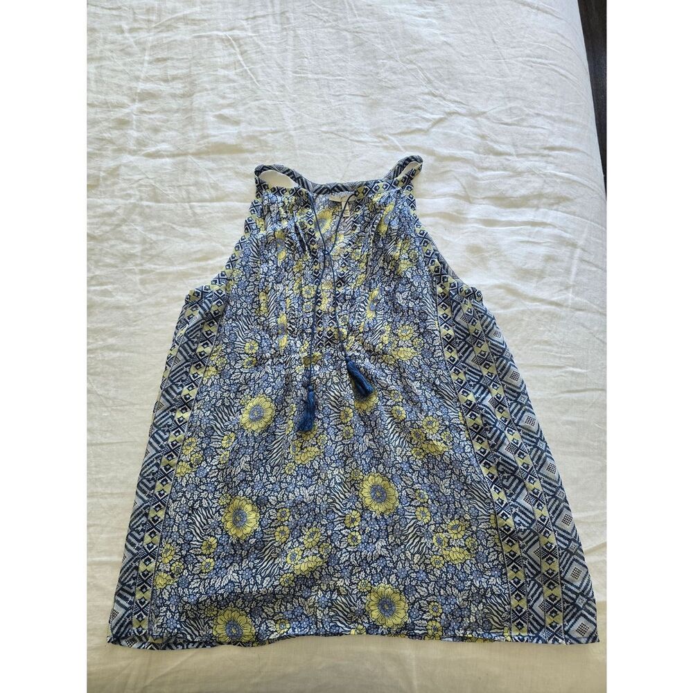Joie Blue and Yellow Floral Silk Halter Tank with Tassel Tie